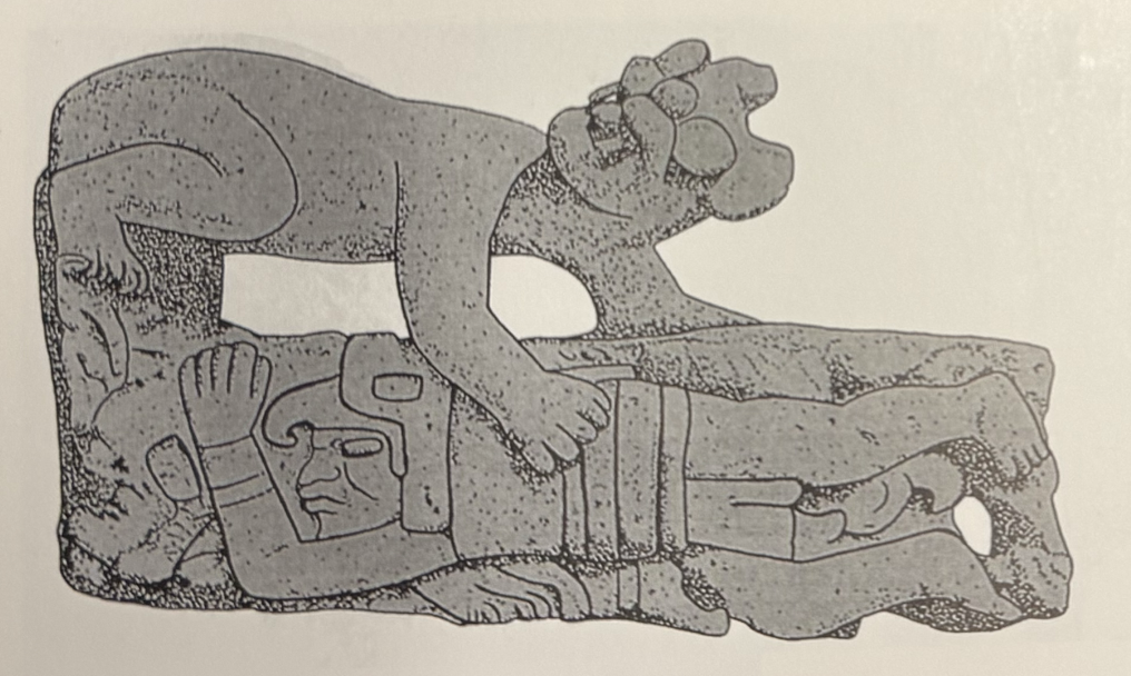 El Animal relief carving from Chalcatzingo, showing jaguar figure atop reclining human